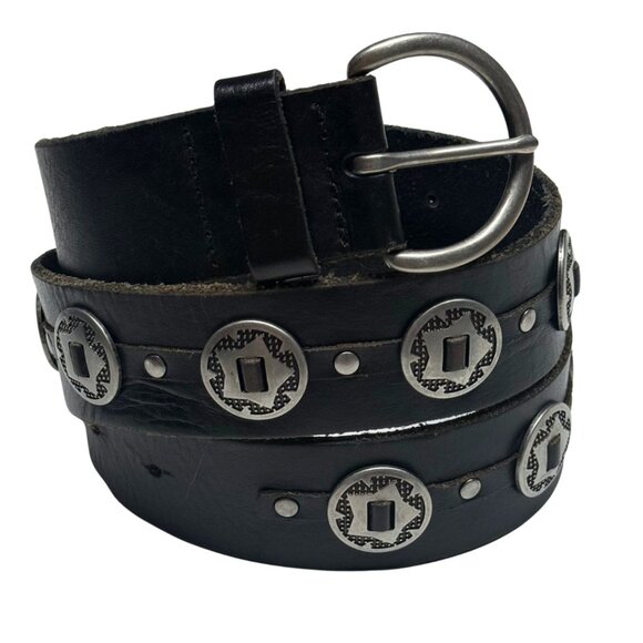 Vintage Dark Brown/Black Leather Silver Concho Belt - Picture 3 of 11